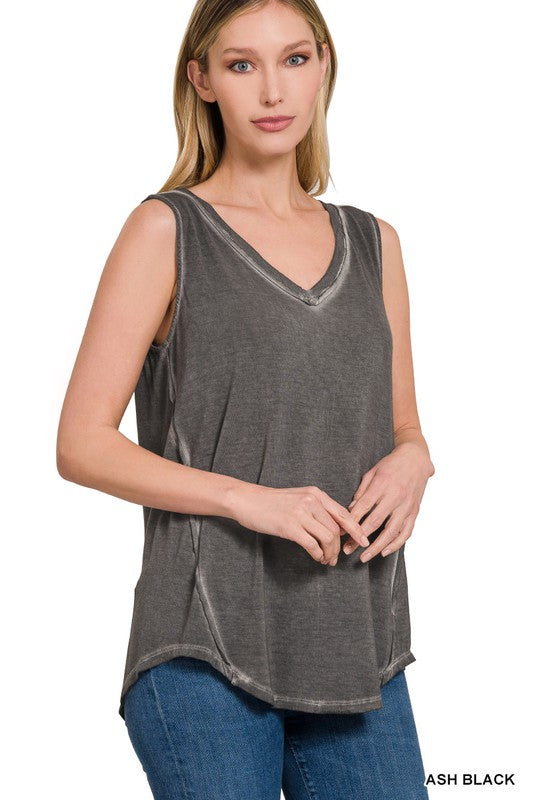 Washed Sleeveless V-Neck Top with Hi-Low Hem