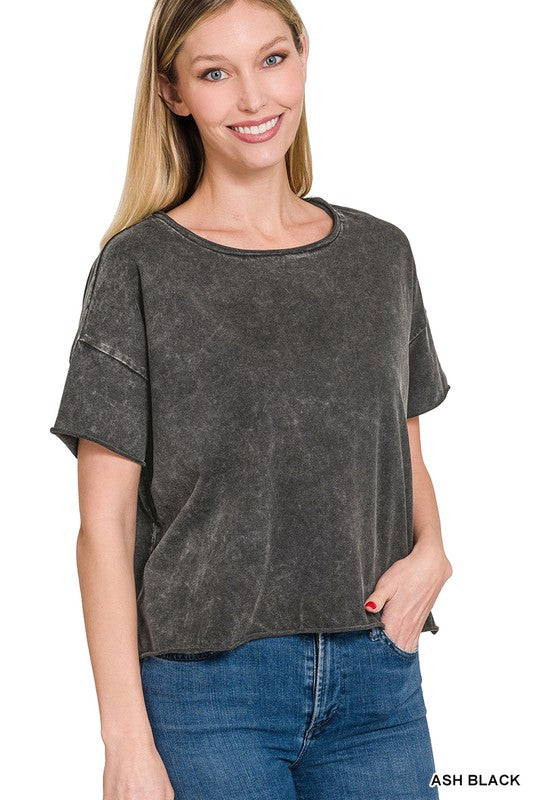 Acid Wash Raw Edge Short Sleeve Crop Top